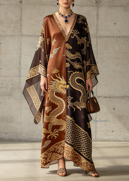 Classy V Neck Oriental Print Chiffon Robe Dresses Summer