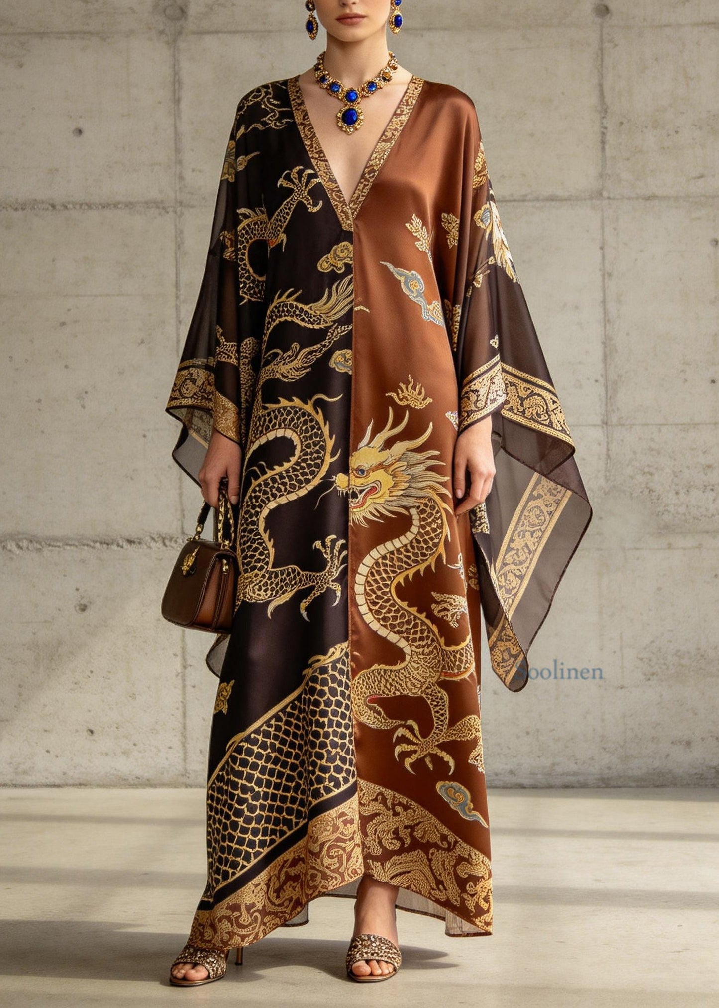 Classy V Neck Oriental Print Chiffon Robe Dresses Summer