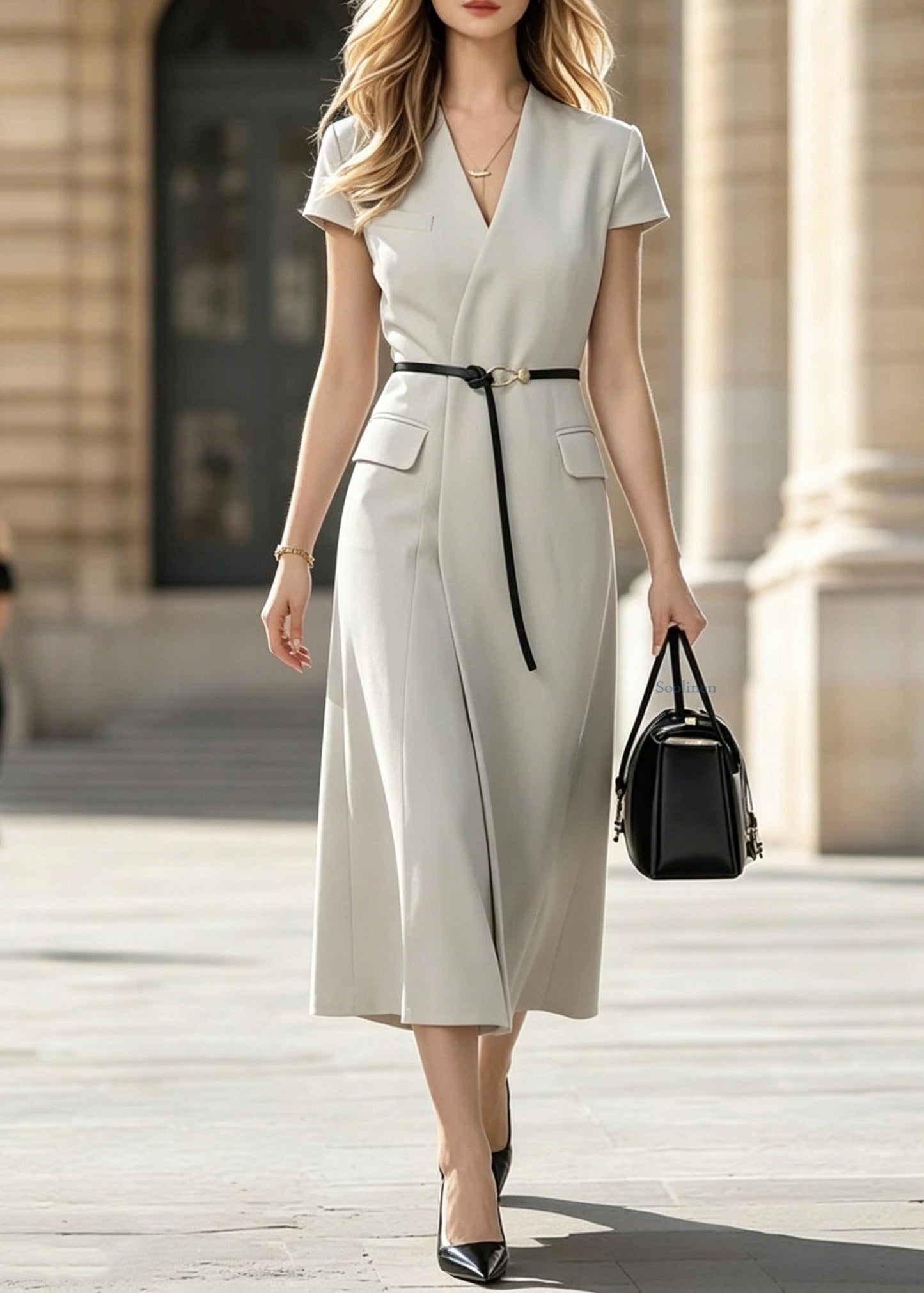 Classy V Neck Patchwork Sashes Maxi Dress Short Sleeve