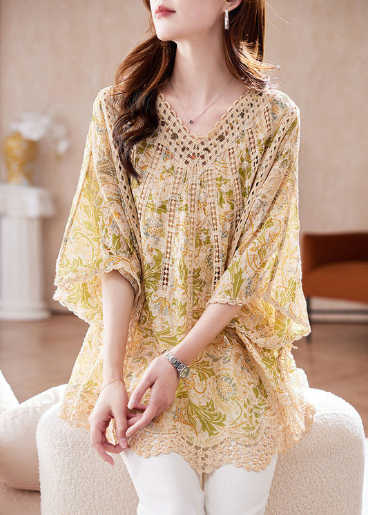 Classy V Neck Print Hollow Out Cotton Tops Batwing Sleeve