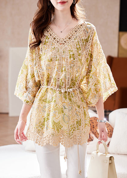 Classy V Neck Print Hollow Out Cotton Tops Batwing Sleeve