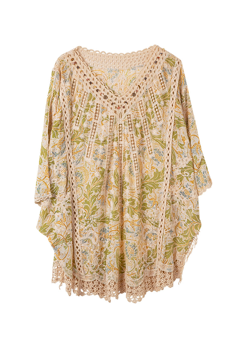 Classy V Neck Print Hollow Out Cotton Tops Batwing Sleeve