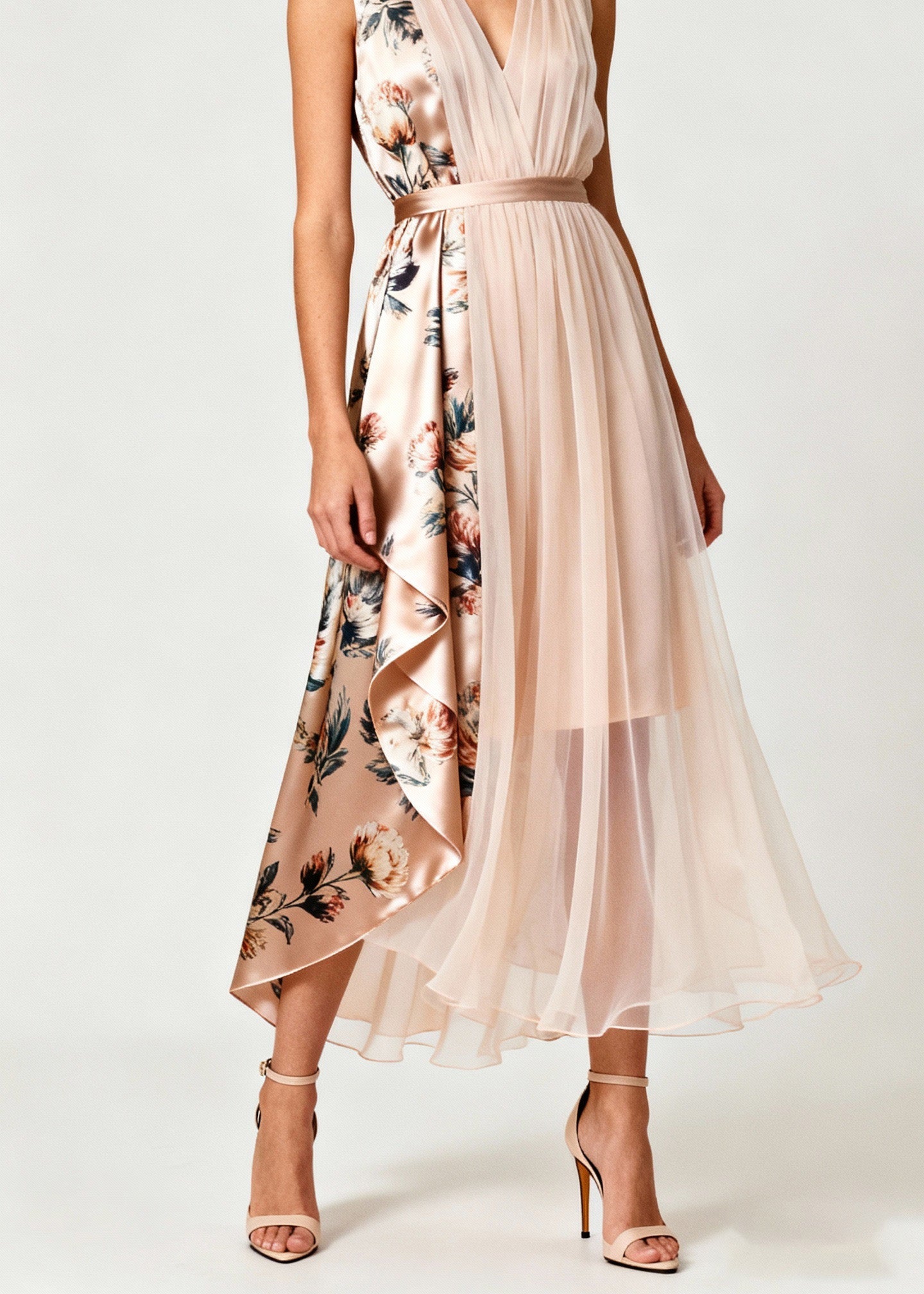 Classy V Neck Print Tulle Patchwork Chiffon Dress Sleeveless