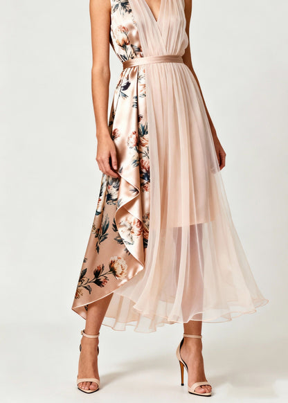 Classy V Neck Print Tulle Patchwork Chiffon Dress Sleeveless