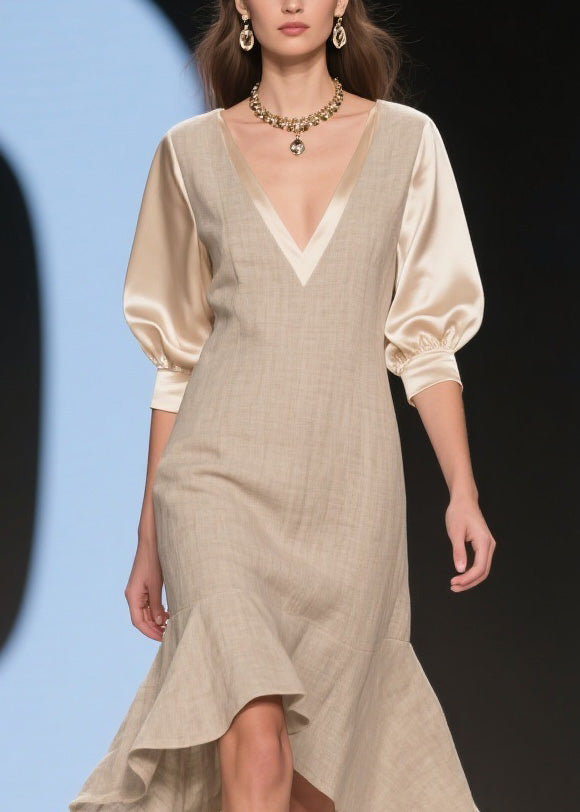 Classy V Neck Ruffled Patchwork Linen Silk Dress Summer