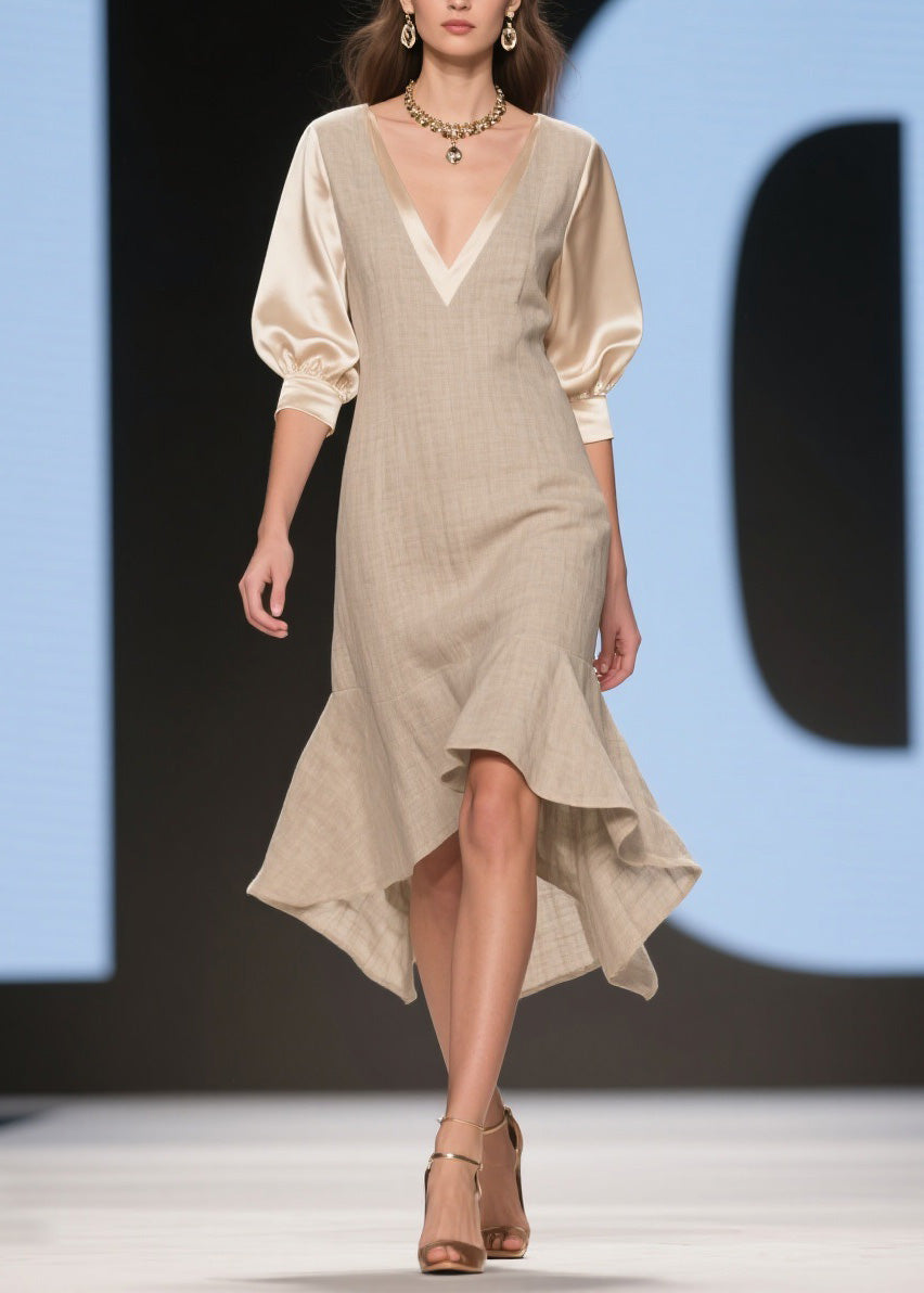 Classy V Neck Ruffled Patchwork Linen Silk Dress Summer