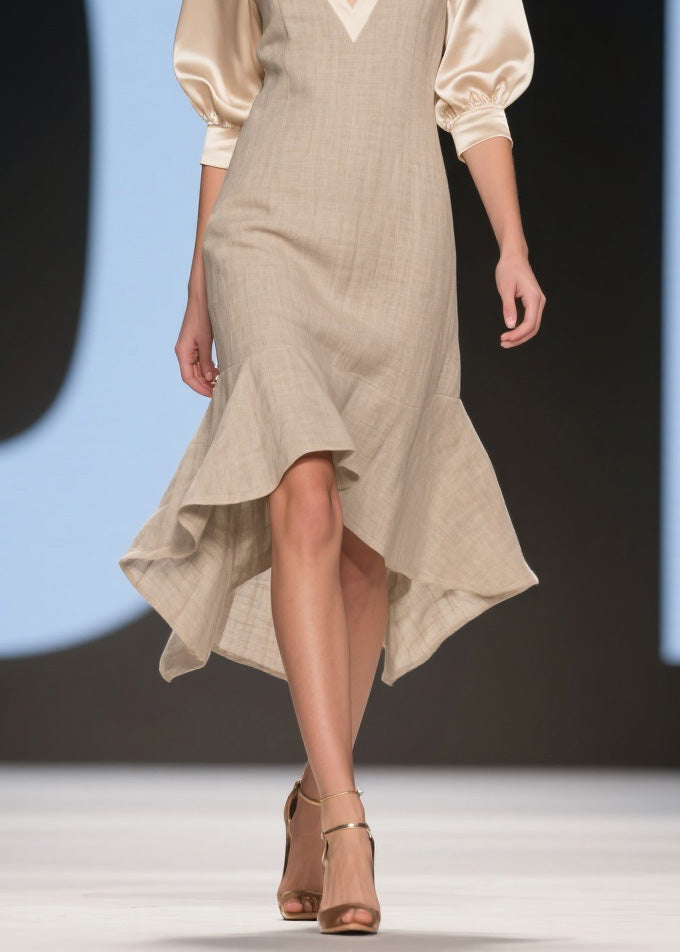 Classy V Neck Ruffled Patchwork Linen Silk Dress Summer