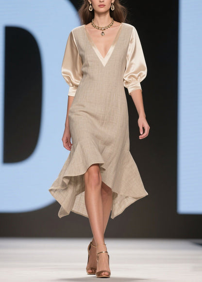 Classy V Neck Ruffled Patchwork Linen Silk Dress Summer