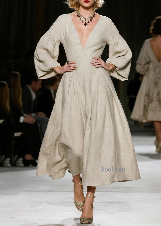 Vestido elegante de algodón con cuello en V y patchwork arrugado para primavera