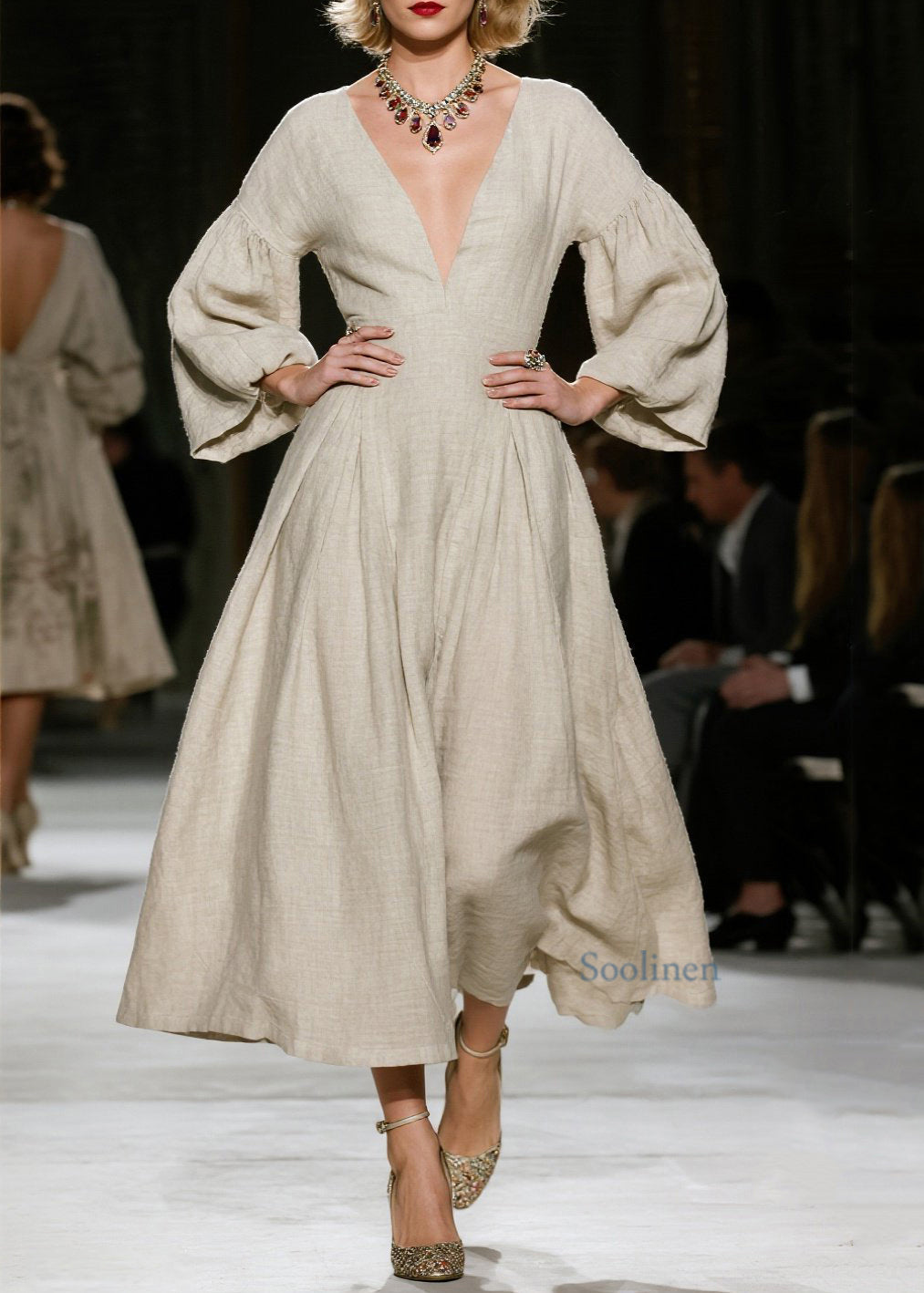 Vestido elegante de algodón con cuello en V y patchwork arrugado para primavera