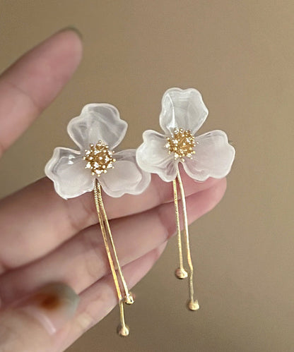 Classy White Acrylic Alloy Floral Tassel Drop Earrings