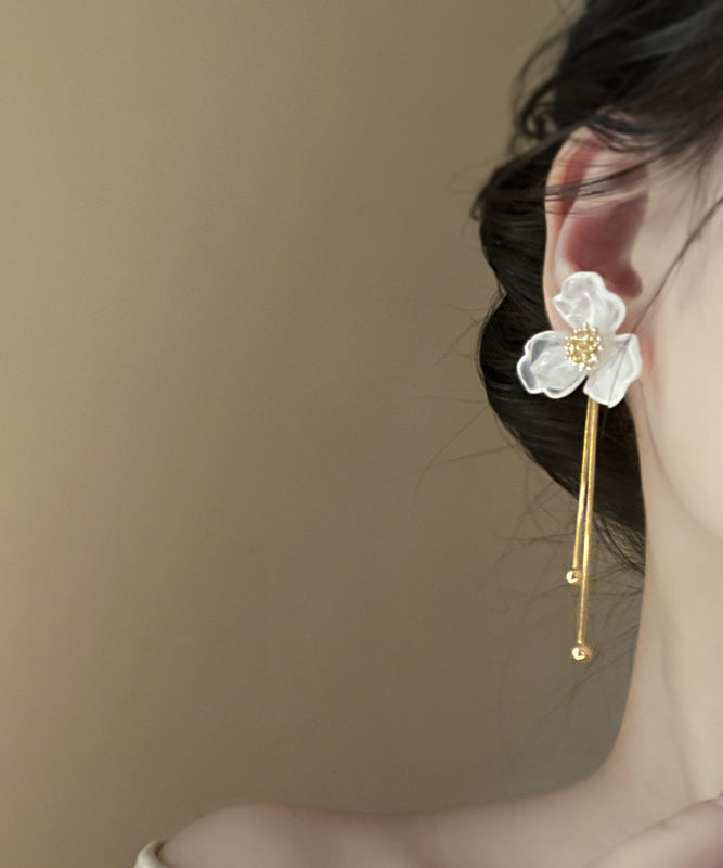 Classy White Acrylic Alloy Floral Tassel Drop Earrings