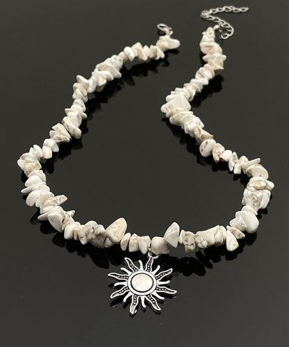 Classy White Alloy Natural Stone Sun Lariat Necklace