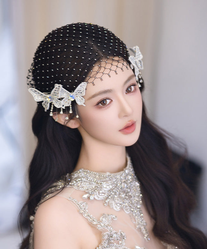 Elegante weiße Haarnadel aus Tüll und Zirkonia in Schmetterlingsform