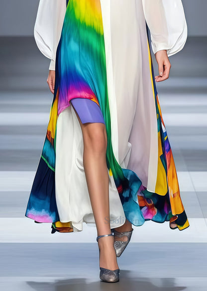 Classy White Asymmetrical Patchwork Tie Dye Chiffon Long Dress Spring