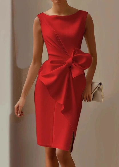 Classy White Bow Wrinkled Side Open Vacation Dress Sleeveless