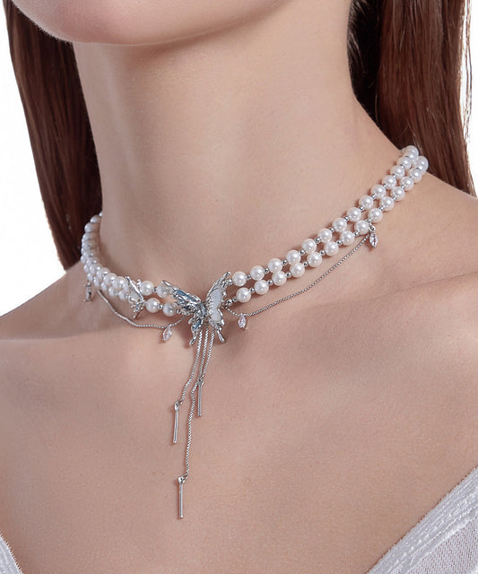 Classy White Copper Alloy Pearl Butterfly Princess Necklace