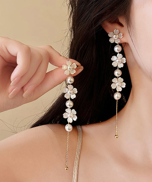 Classy White Copper Floral Pearl Tassel Drop Earrings