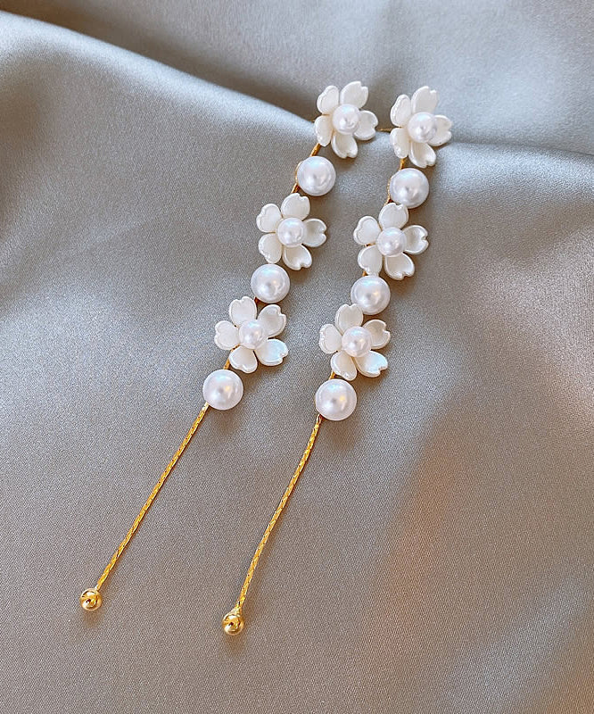 Classy White Copper Floral Pearl Tassel Drop Earrings