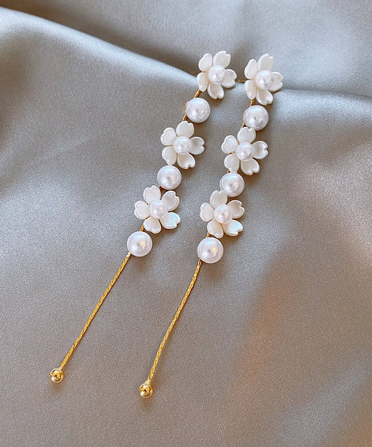 Classy White Copper Floral Pearl Tassel Drop Earrings