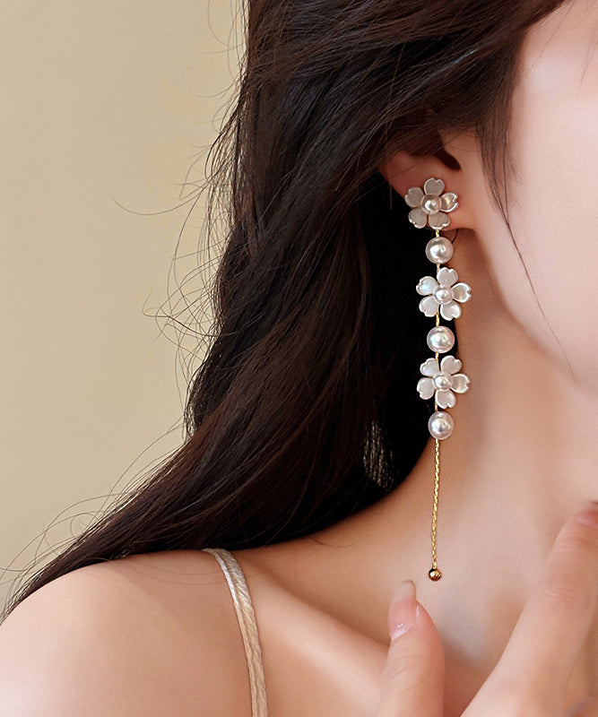 Classy White Copper Floral Pearl Tassel Drop Earrings