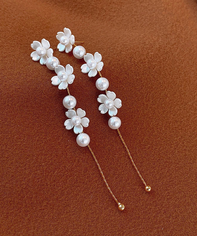 Classy White Copper Floral Pearl Tassel Drop Earrings