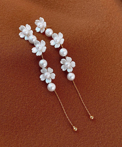 Classy White Copper Floral Pearl Tassel Drop Earrings