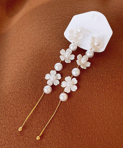 Classy White Copper Floral Pearl Tassel Drop Earrings