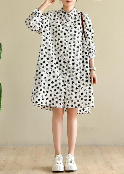 Classy White Dot Cotton Dress Button Spring Dresses - SooLinen