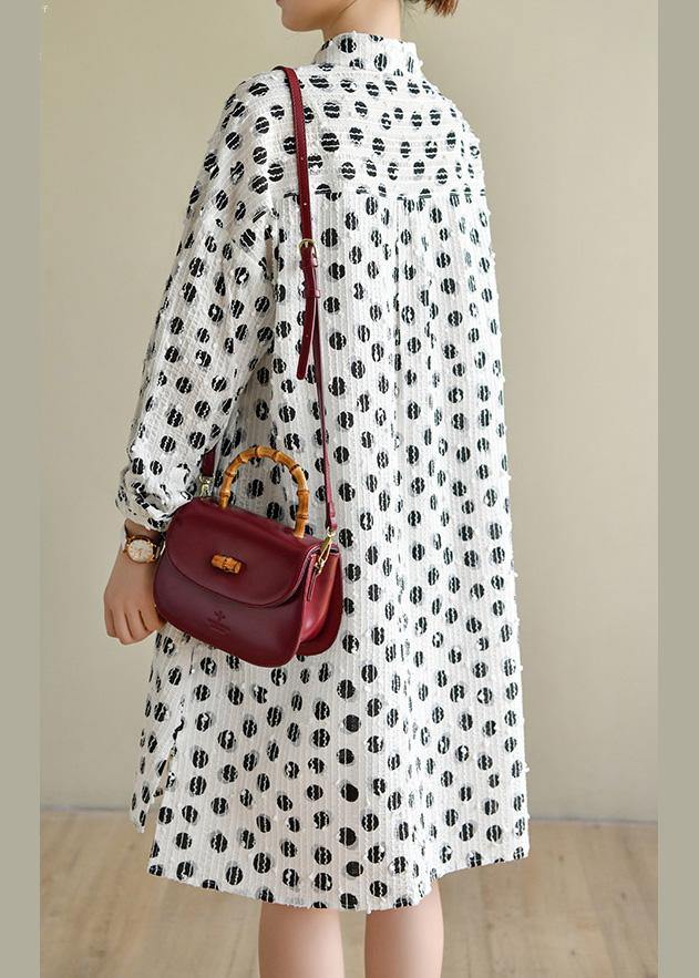 Classy White Dot Cotton Dress Button Spring Dresses - SooLinen