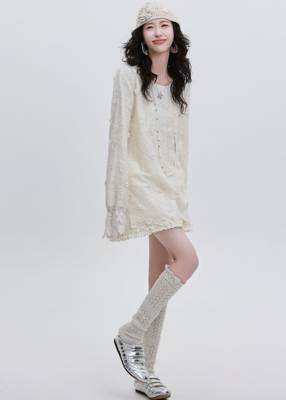 Blusa elegante de encaje floral bordado blanco para primavera