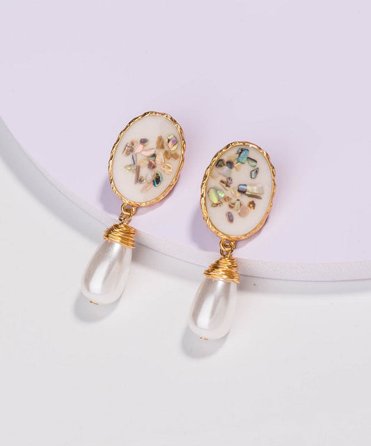 Edle, handgestrickte, weiße Perlen-Muschel-Ohrhänger