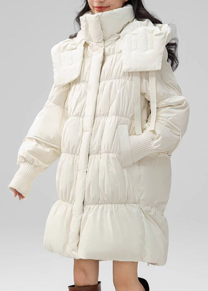 Classy White Hooded Wrinkled Duck Down Down Coat Winter