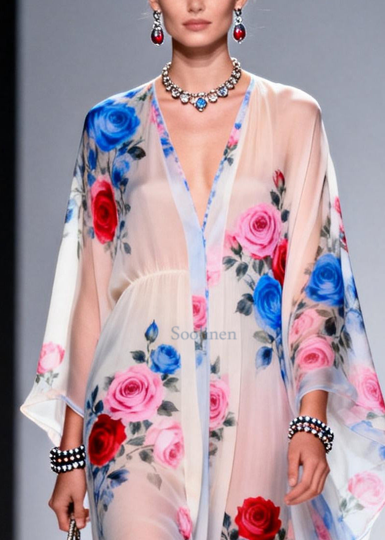 Classy White Oversized Floral Print Chiffon Sheer Dresses Summer