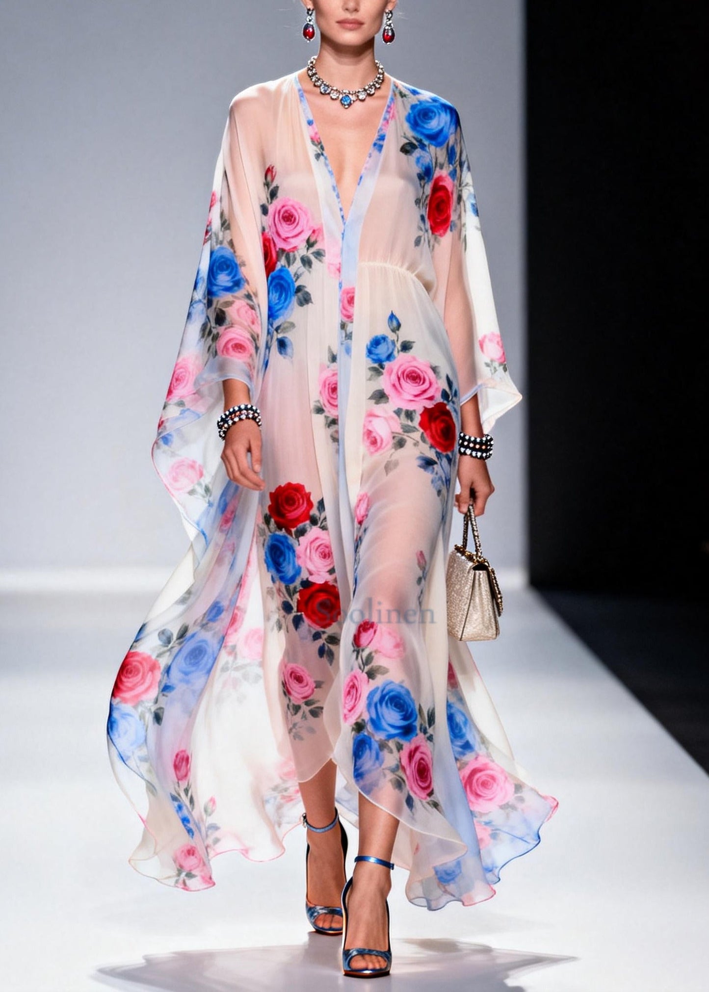 Classy White Oversized Floral Print Chiffon Sheer Dresses Summer