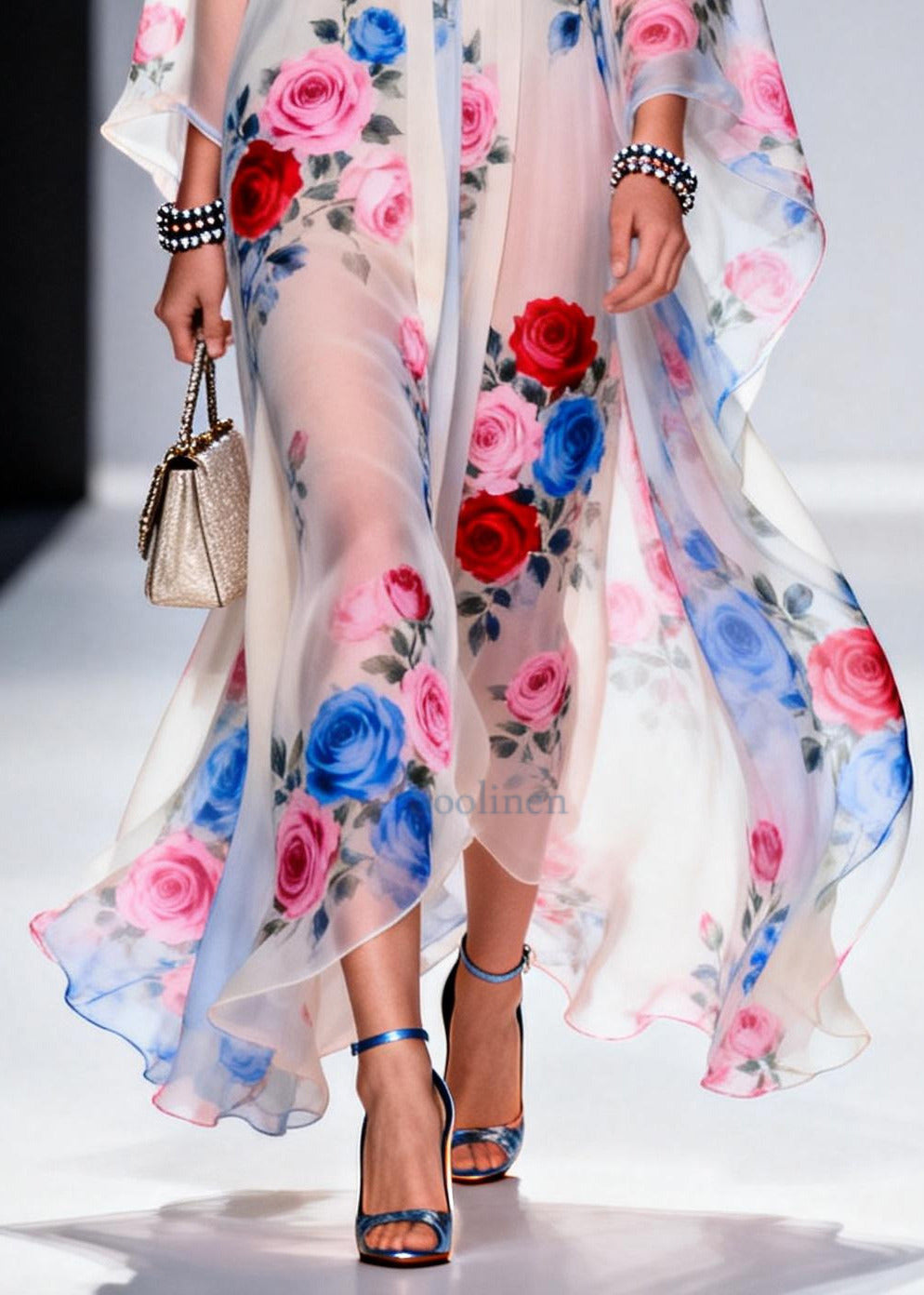 Classy White Oversized Floral Print Chiffon Sheer Dresses Summer
