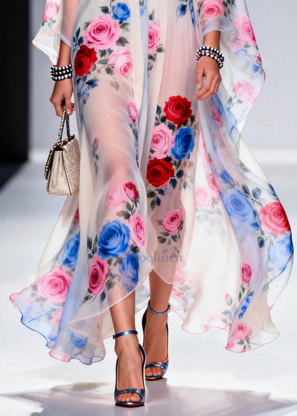 Classy White Oversized Floral Print Chiffon Sheer Dresses Summer