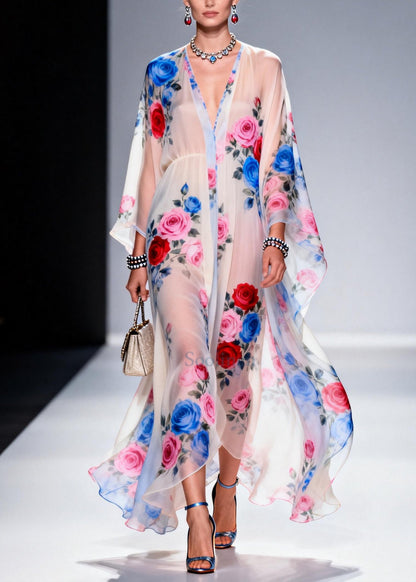 Classy White Oversized Floral Print Chiffon Sheer Dresses Summer
