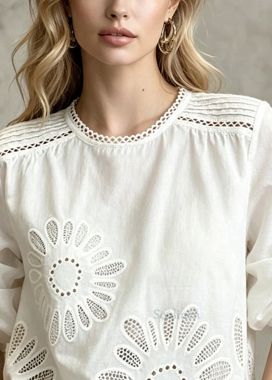 Classy White Oversized Hollow Out Cotton Shirt Top Fall