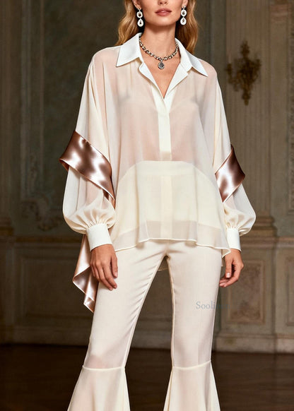 Classy White Peter Pan Collar Patchwork Silk 2 Piece Outfit Spring