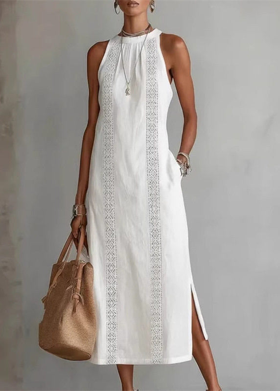 Classy White Print Side Open Long Dresses Summer
