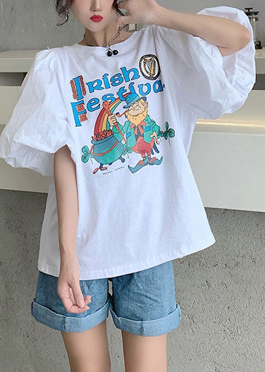 Classy White Puff Sleeve Print Cotton Tanks Summer