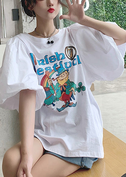 Classy White Puff Sleeve Print Cotton Tanks Summer