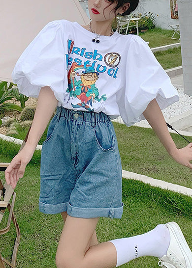 Classy White Puff Sleeve Print Cotton Tanks Summer