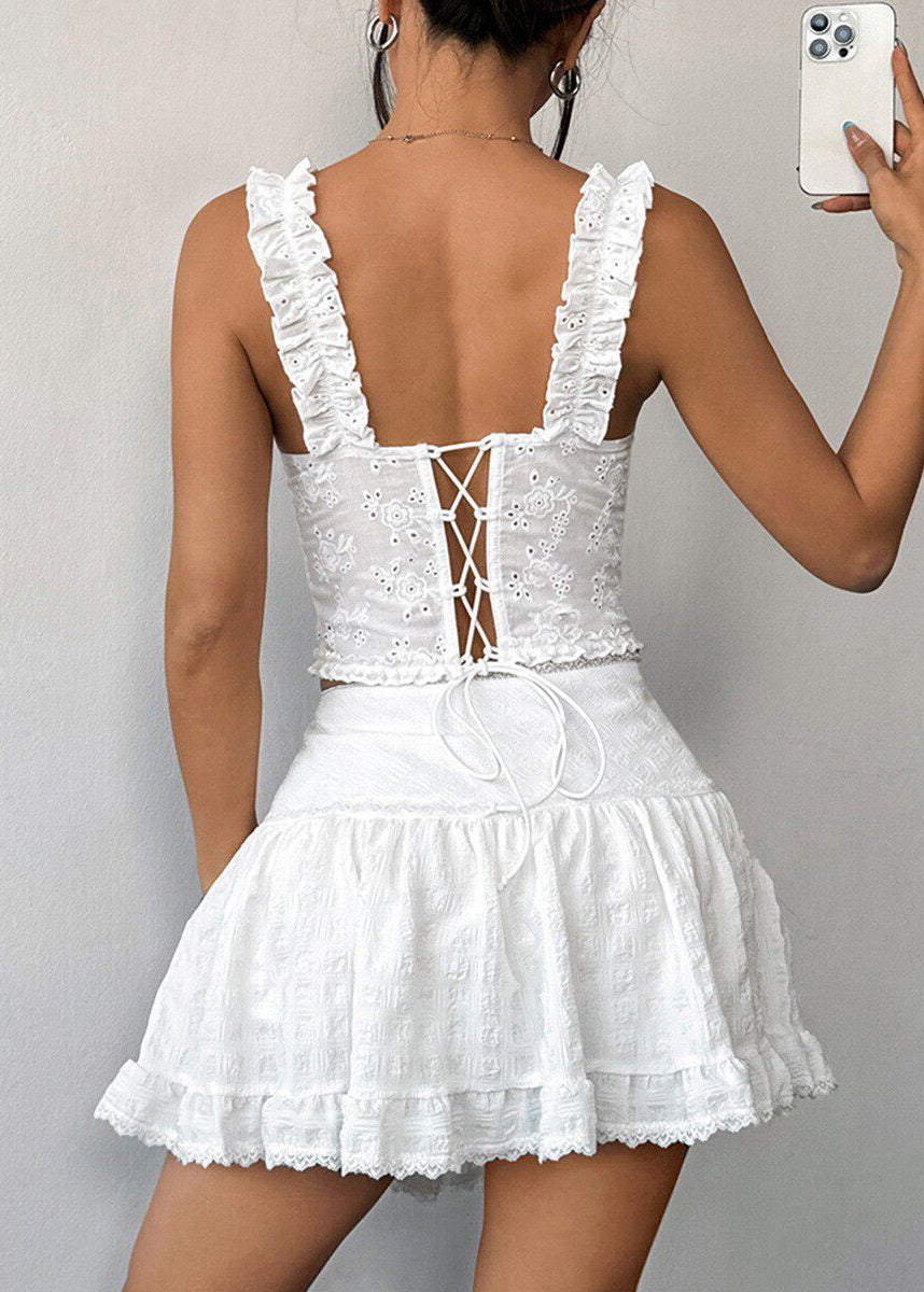 Classy White Ruffled Lace Up Cotton Tank Tops Summer