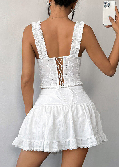 Classy White Ruffled Lace Up Cotton Tank Tops Summer