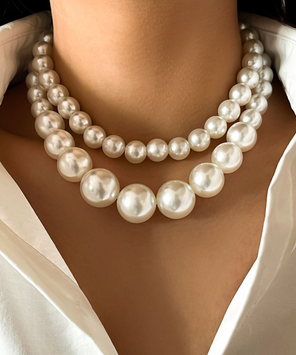 Classy White Stainless Steel Pearl Tassel Gratuated Bead Necklace