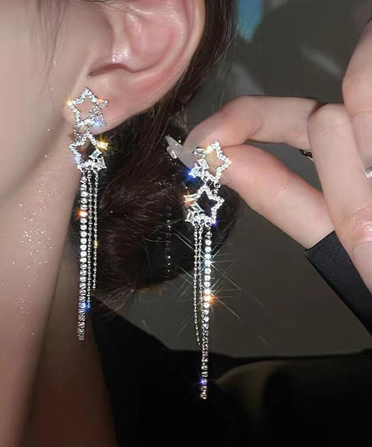 Pendientes elegantes con borlas de circonitas y estrella de cinco puntas de aleación de plata esterlina blanca