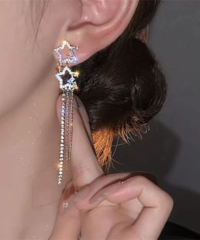 Pendientes elegantes con borlas de circonitas y estrella de cinco puntas de aleación de plata esterlina blanca