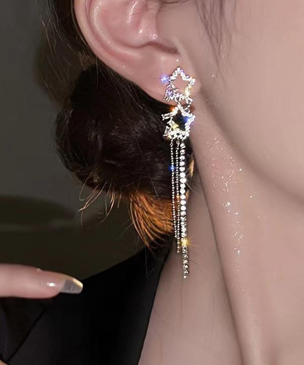 Pendientes elegantes con borlas de circonitas y estrella de cinco puntas de aleación de plata esterlina blanca